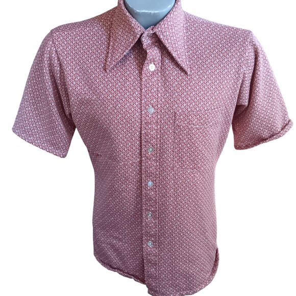 Vintage Men's Medium Disco Shirt 1970s Towncraft Red Diamond Print Stretch Knit - Picture 2 of 7